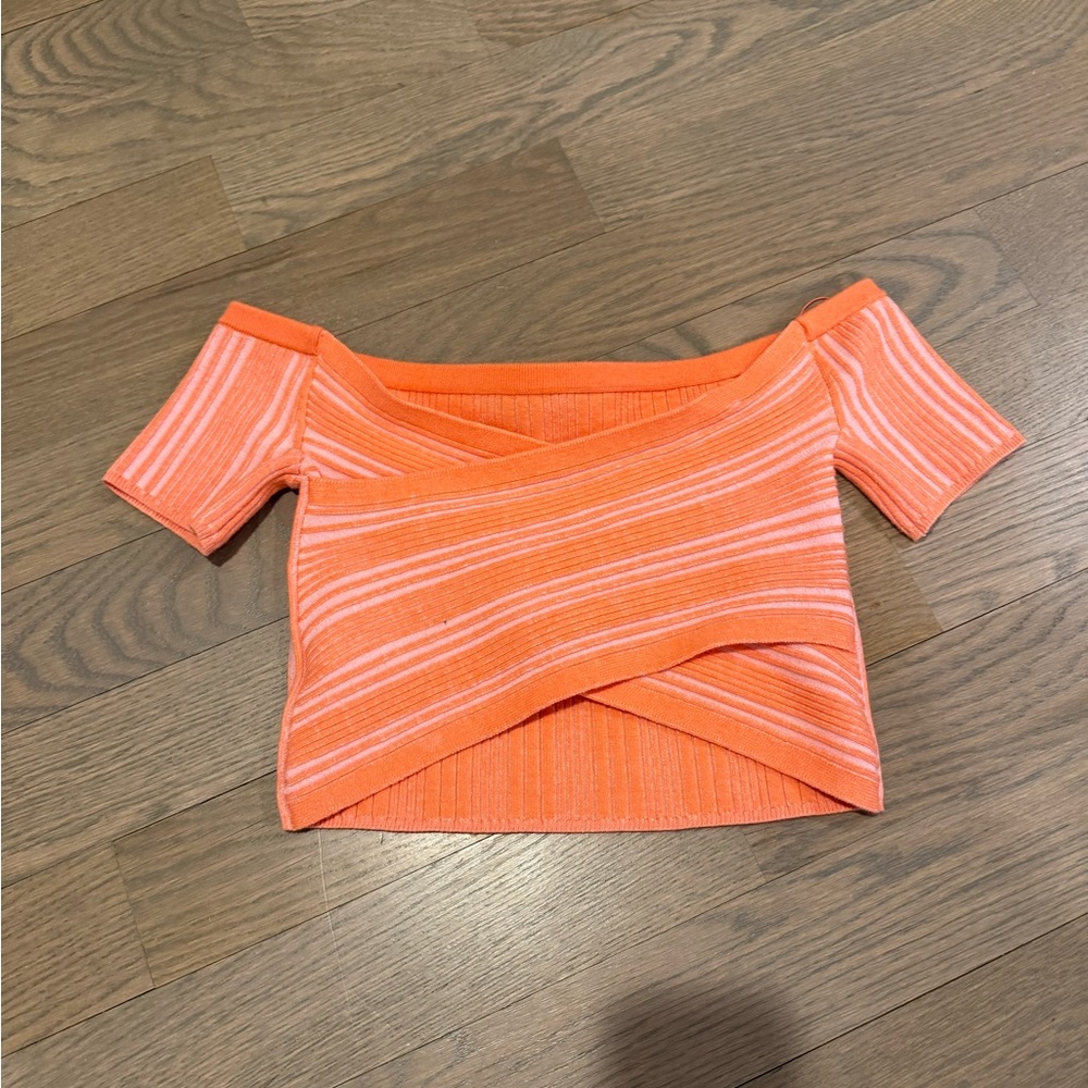 Orange Striped Off-Shoulder Knit Crop Top